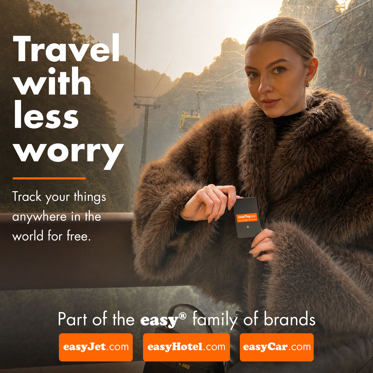 A woman in a brown fur coat holds a small orange and black EasyTravel card in a scenic outdoor setting with mountains and a cable car. Large text reads 'Travel with less worry' and includes easyJet, easyHotel, and easyCar website badges at the bottom.
