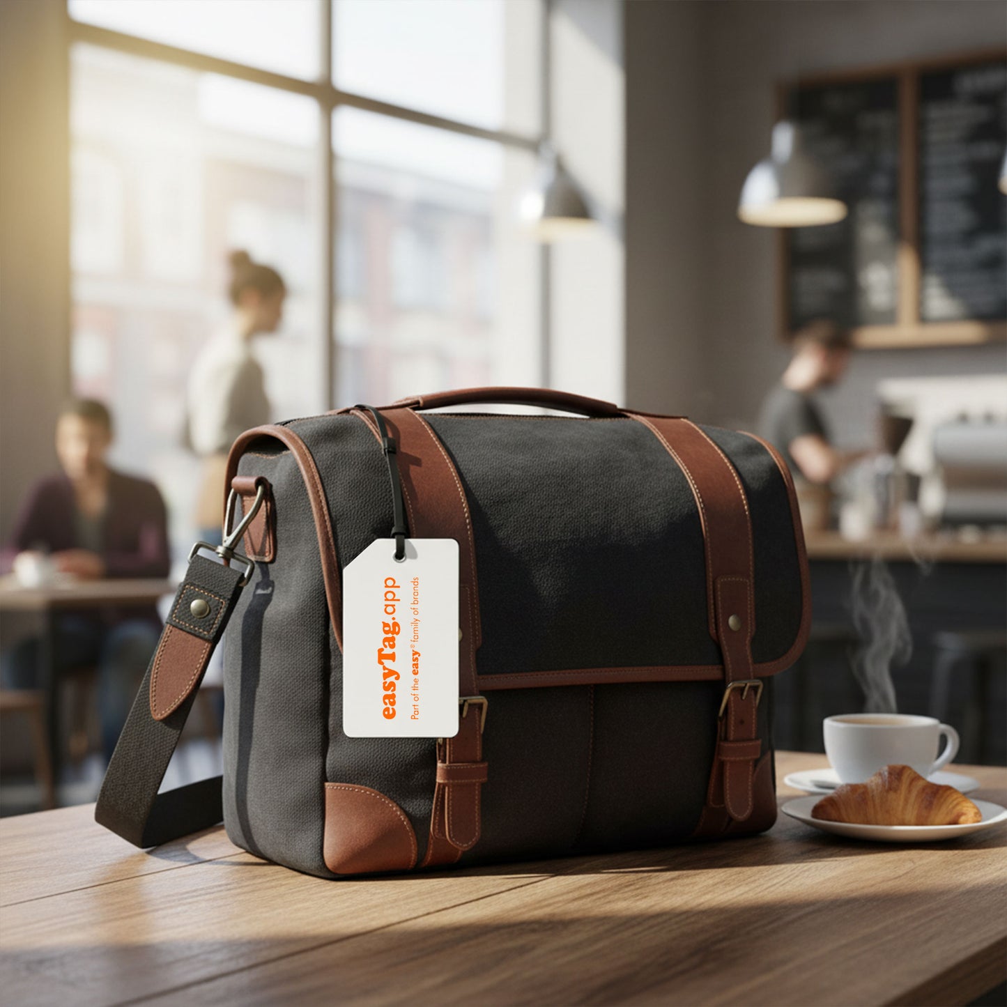 easyTag Bluetooth tracker attached to bag for locating lost items