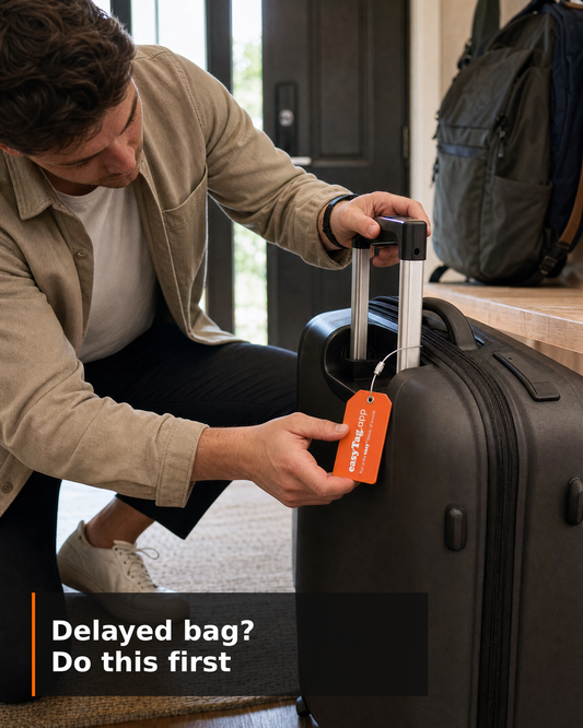 Man die op een luchthaven een bagagelabel controleert.