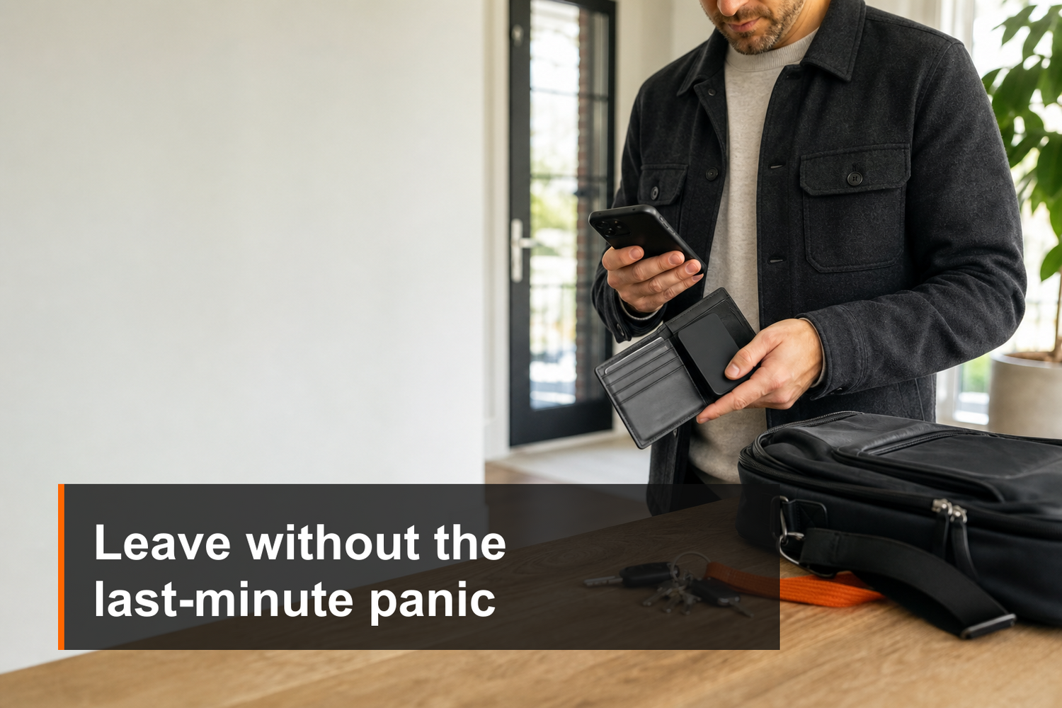 Person checking a phone and wallet before leaving home
