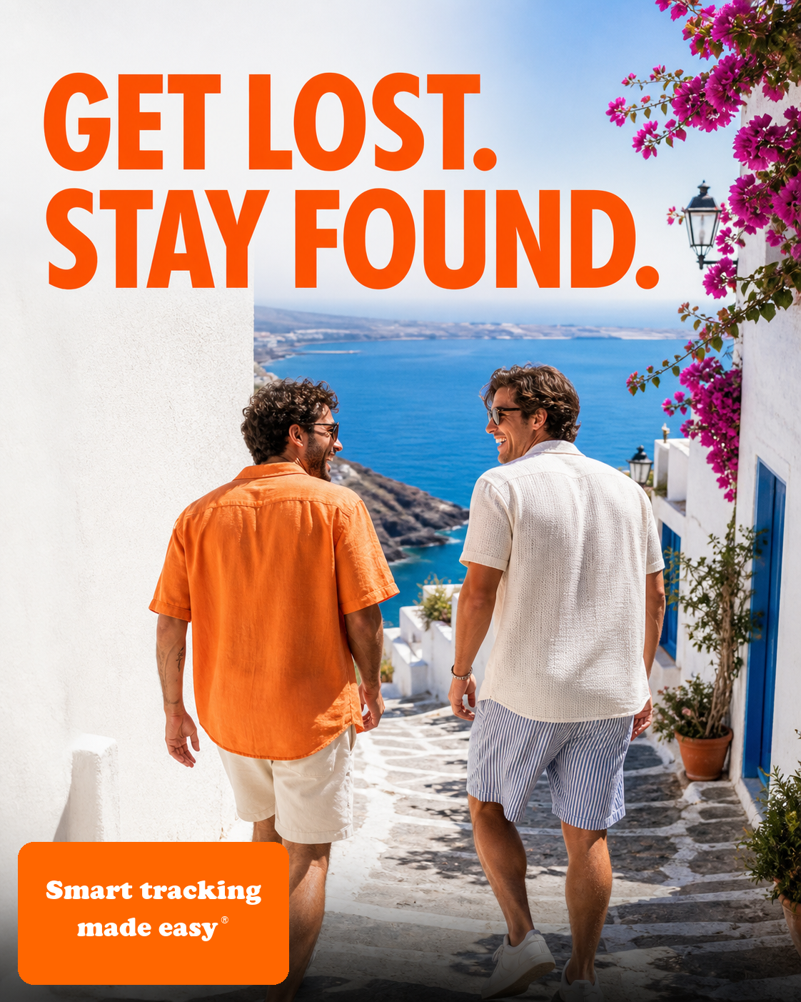 Two friends walking towards the sea. “Get lost. Stay found.” Smart tracking made easy®.