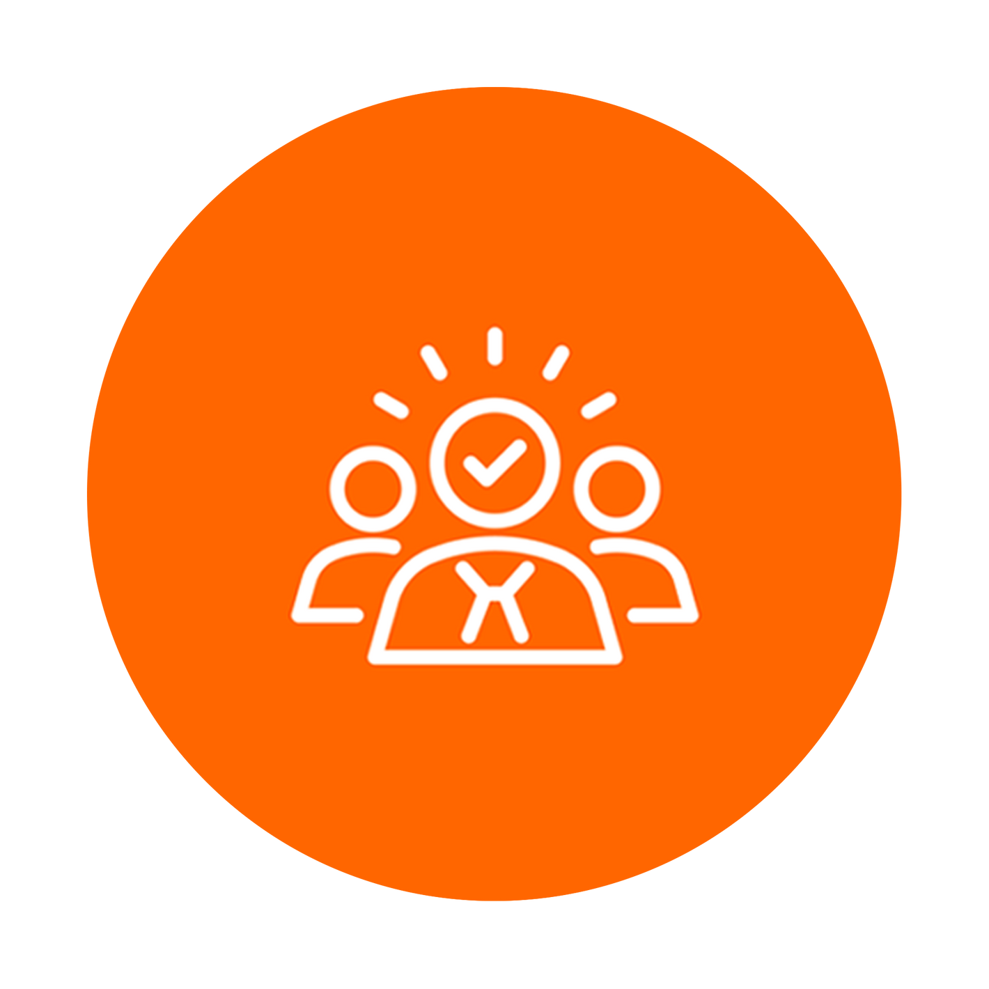 Orange circle with a white icon of people and a check mark on a white background