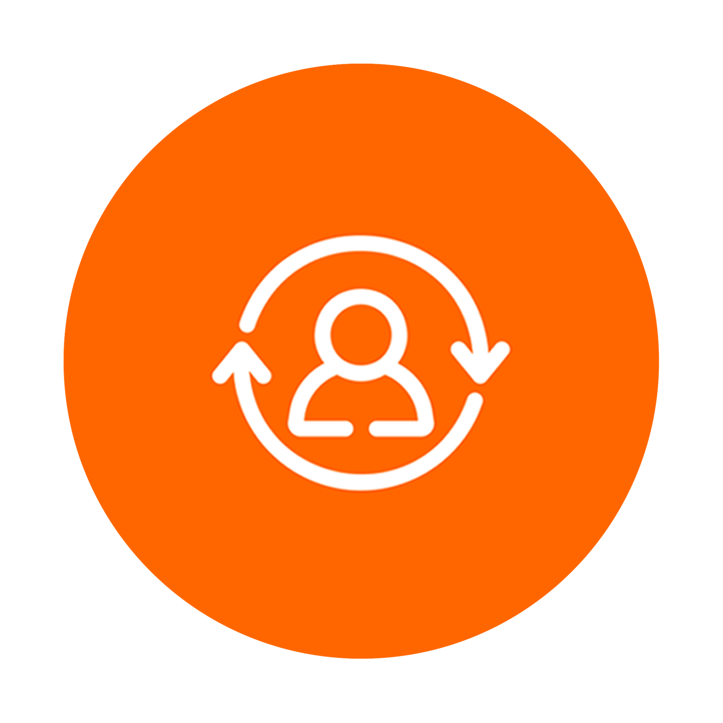 Orange circle with a white icon of a person with arrows pointing outward
