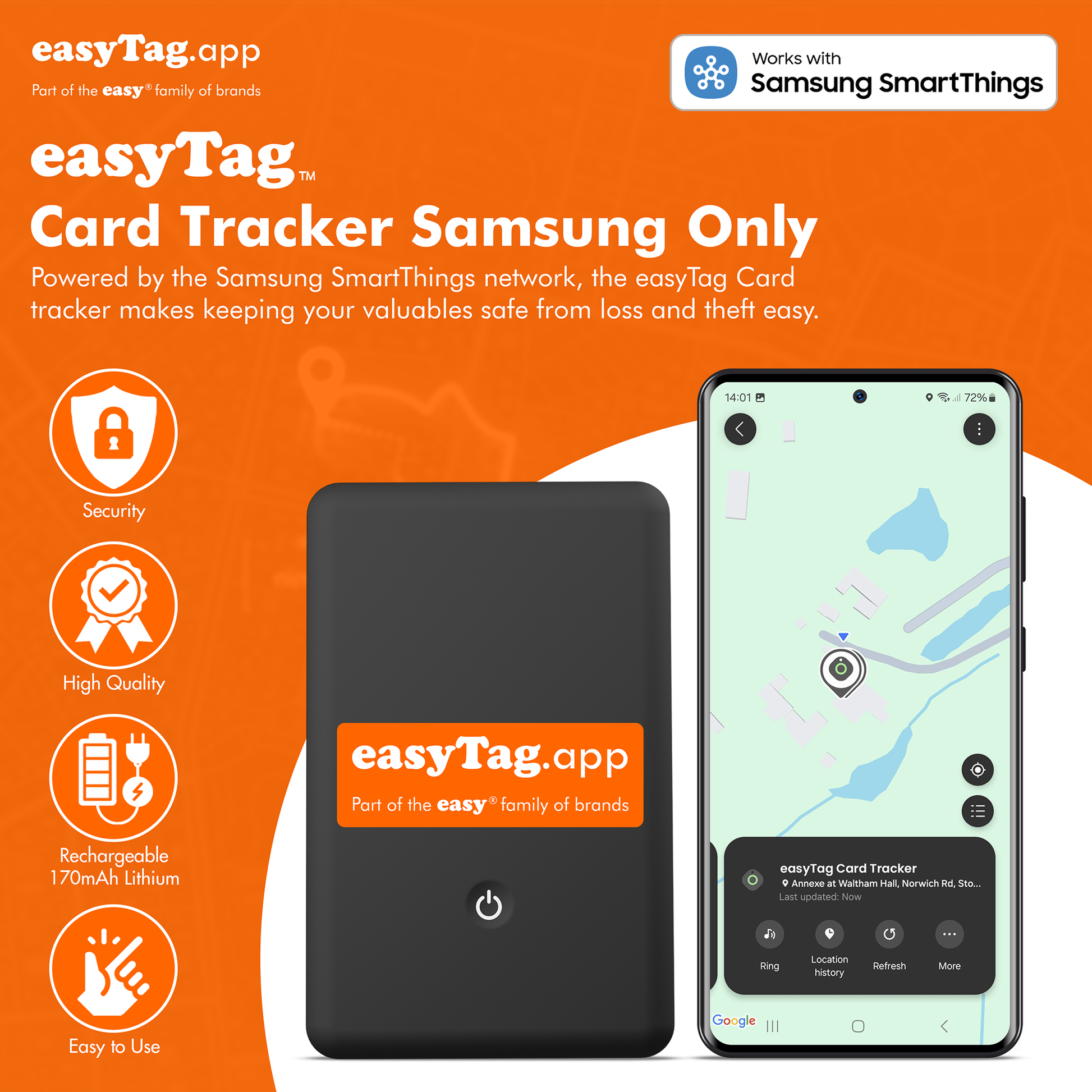 easyTag card tracker with smartphone app on orange background