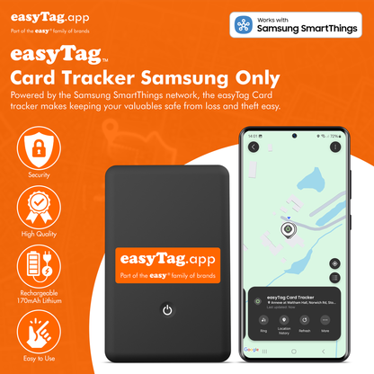 easyTag card tracker with smartphone app on orange background