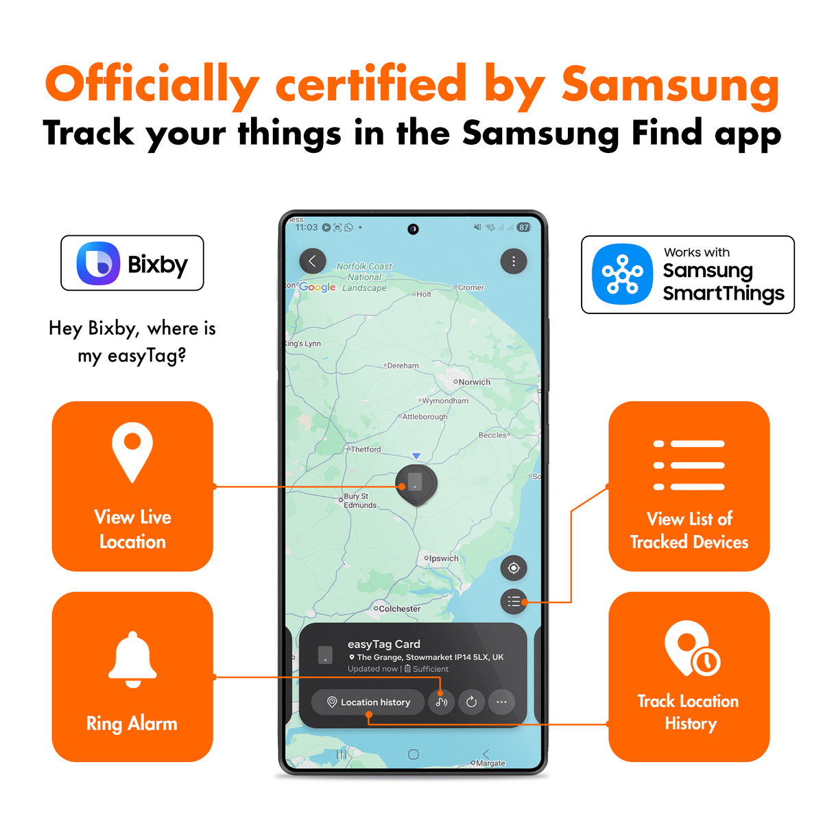Samsung-telefon som visar ett easyTag-spårningskort i Samsung Find, med funktioner för position, ringsignal och platshistorik.