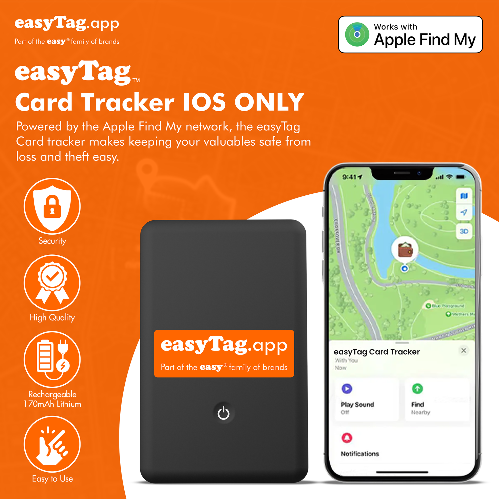 easyTag Card Tracker with smartphone app on orange background