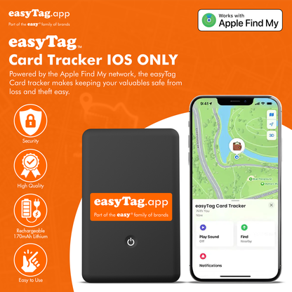 easyTag Card Tracker with smartphone app on orange background