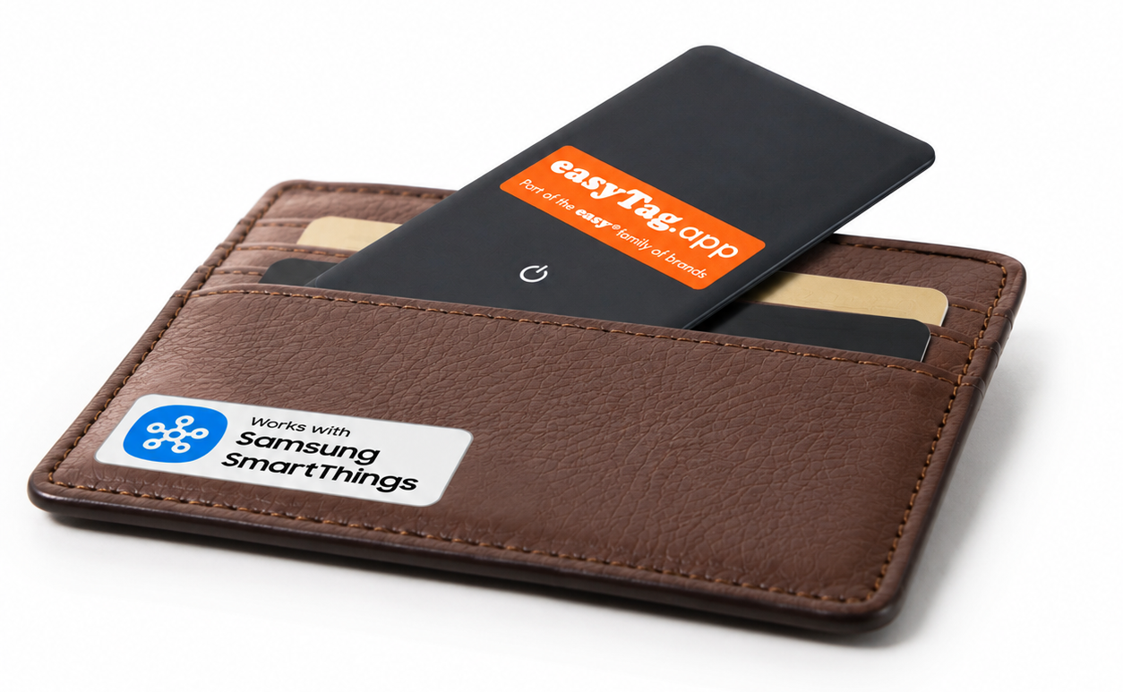A brown leather cardholder wallet with a black Samsung SmartThings card inserted, shown on a clean white background.