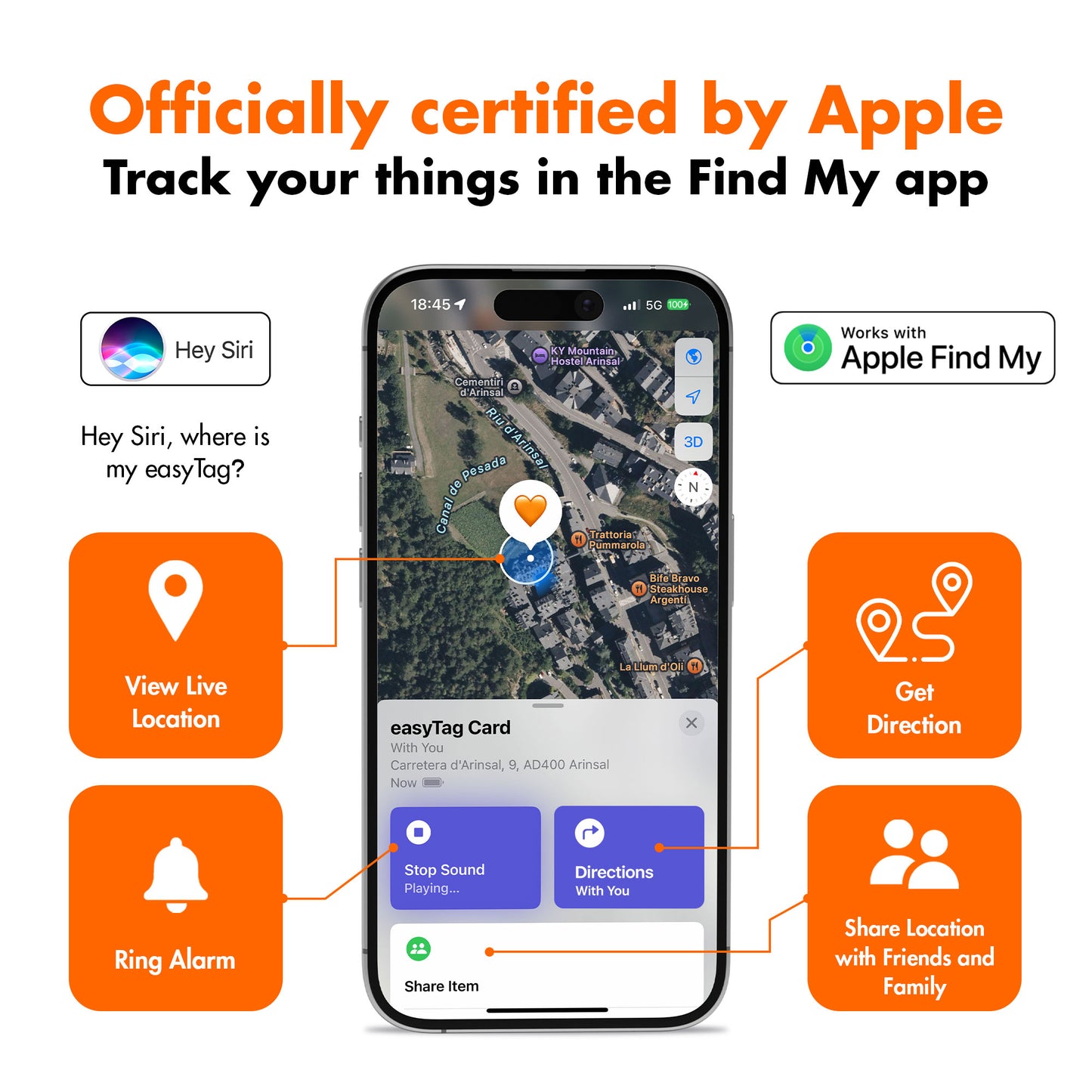 Promotional graphic for the Apple Find My app showing a smartphone mockup with a map and tracking interface, surrounded by orange callout boxes explaining features like viewing live location, ring alarm, get direction, and share location with friends and family. Text at the top says the product is officially certified by Apple.
