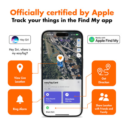 Promotional graphic for the Apple Find My app showing a smartphone mockup with a map and tracking interface, surrounded by orange callout boxes explaining features like viewing live location, ring alarm, get direction, and share location with friends and family. Text at the top says the product is officially certified by Apple.