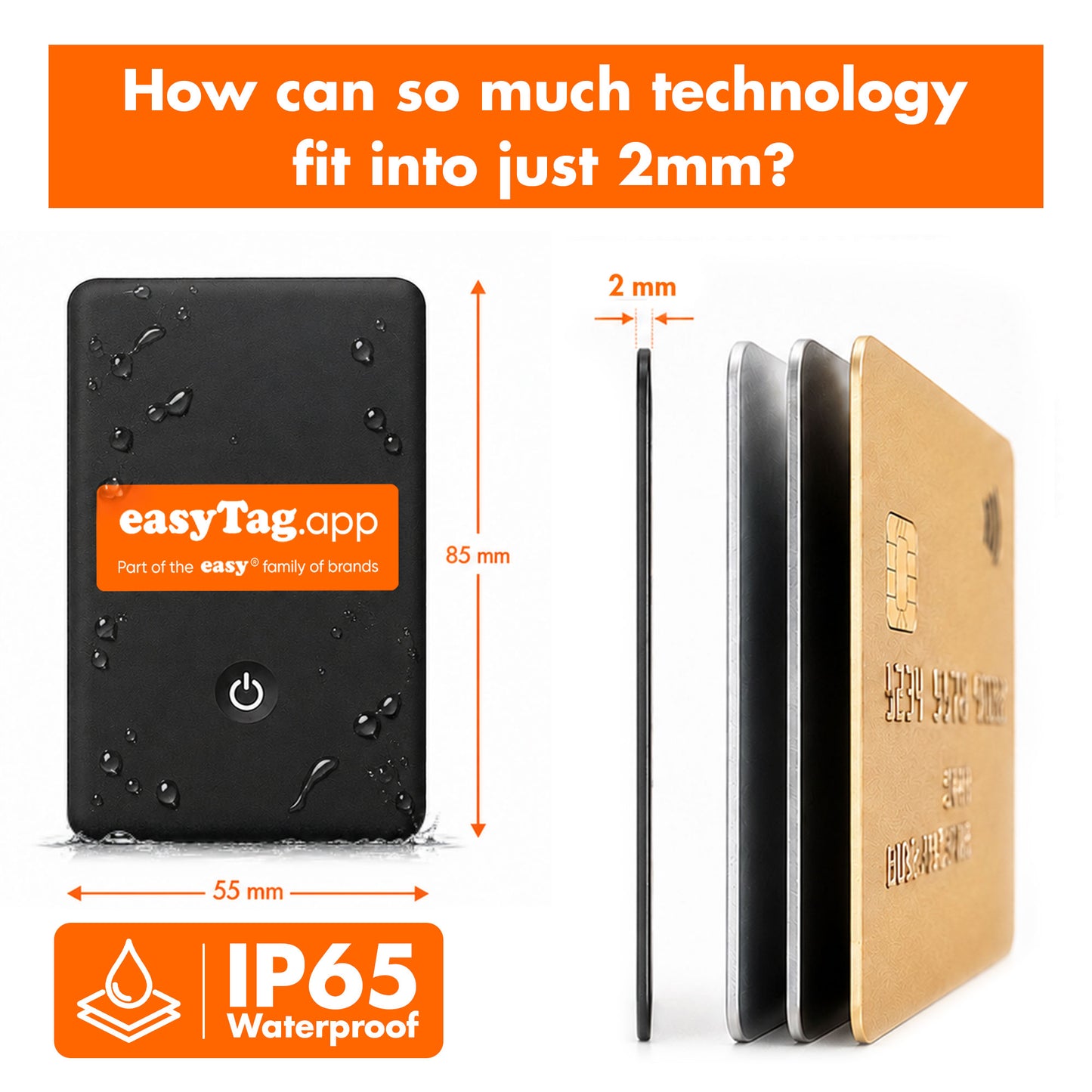 A promotional product graphic for a small black rectangular electronic tag labeled easyTag.app.