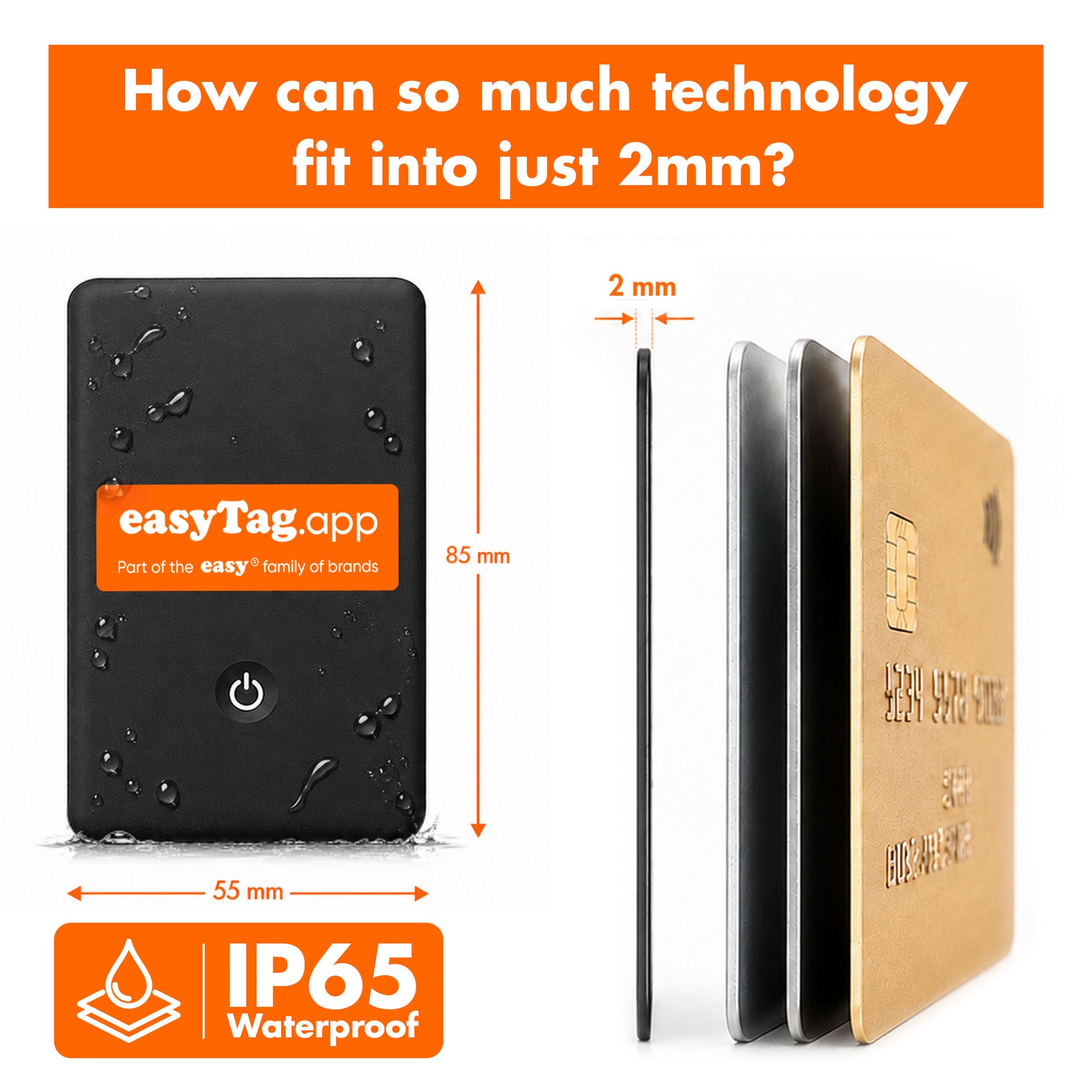 A promotional product graphic for a small black rectangular electronic tag labeled easyTag.app.