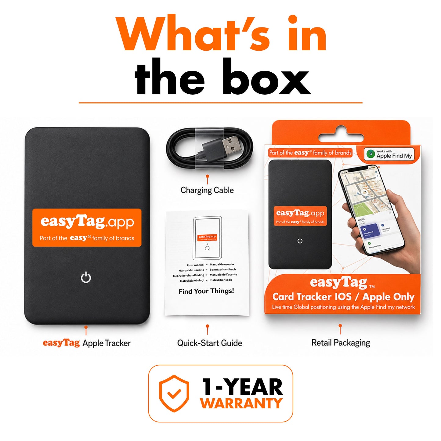 Product box contents graphic for the easyTag Apple Tracker, showing the black card tracker device, a black charging cable, a quick-start guide, retail packaging, and a 1-year warranty badge on a white background with orange and black text.