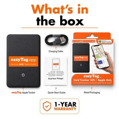 Product box contents graphic for the easyTag Apple Tracker, showing the black card tracker device, a black charging cable, a quick-start guide, retail packaging, and a 1-year warranty badge on a white background with orange and black text.