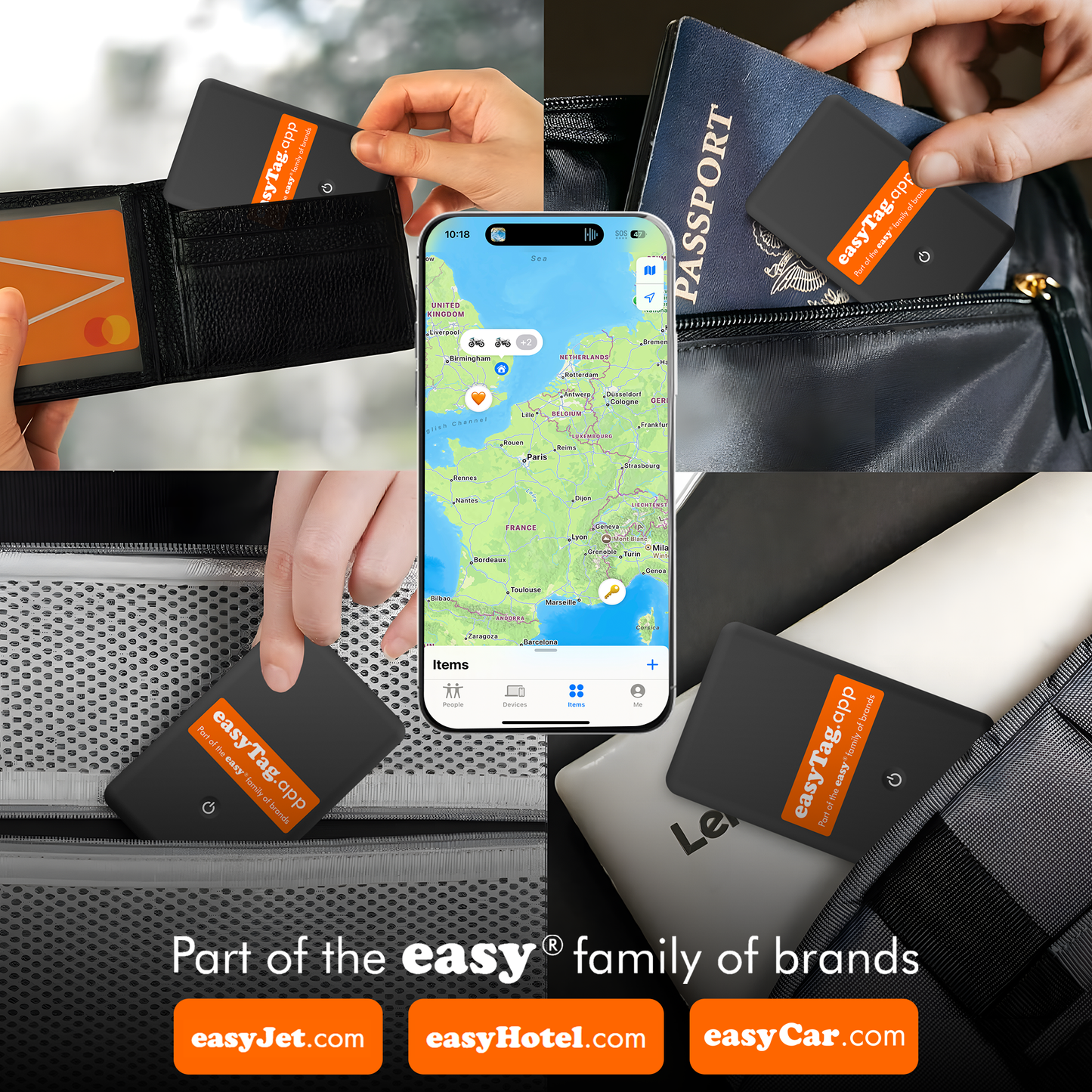 Collage of a person using a smartphone with a map app, holding a passport, and placing a luggage tag on a suitcase. Includes branding for easyJet, easyHotel, and easyCar.