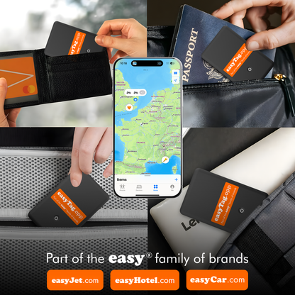 Collage of a person using a smartphone with a map app, holding a passport, and placing a luggage tag on a suitcase. Includes branding for easyJet, easyHotel, and easyCar.