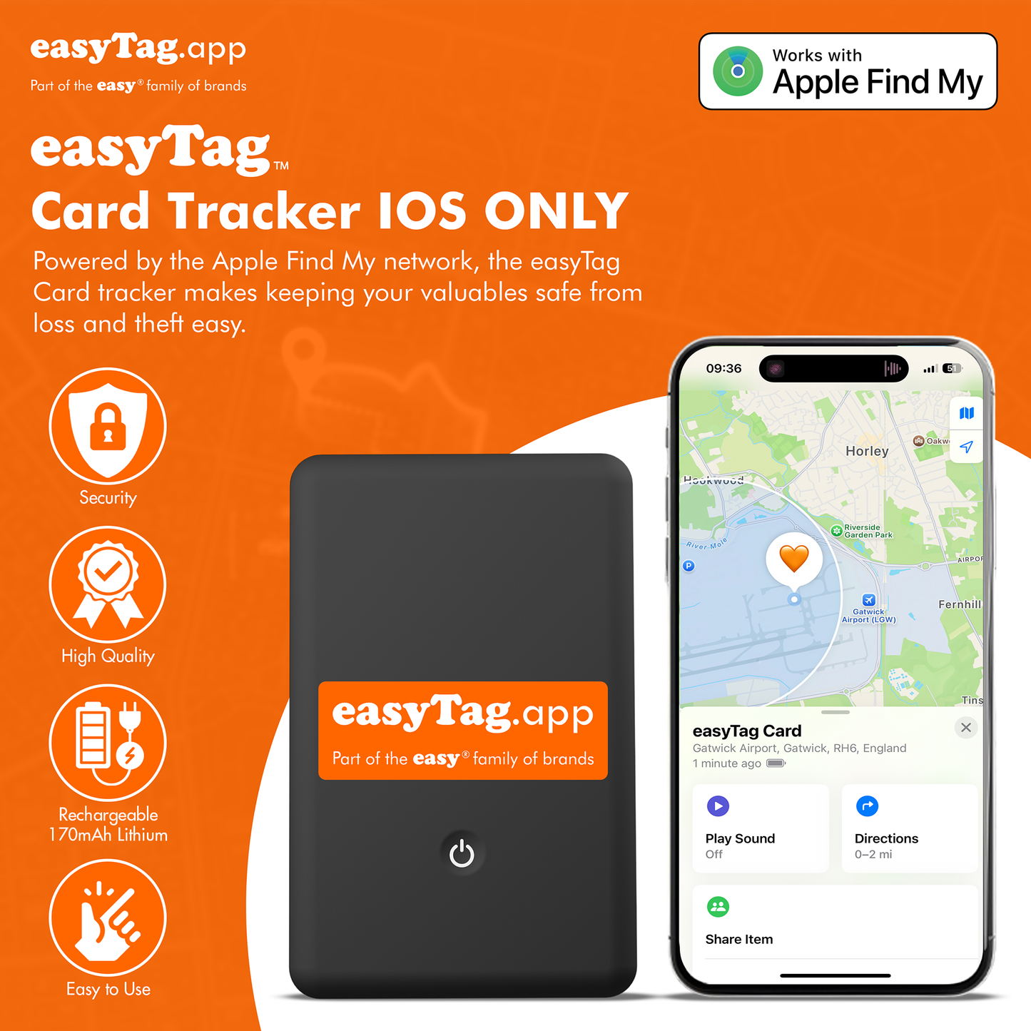 easyTag Card Tracker with smartphone app on orange background