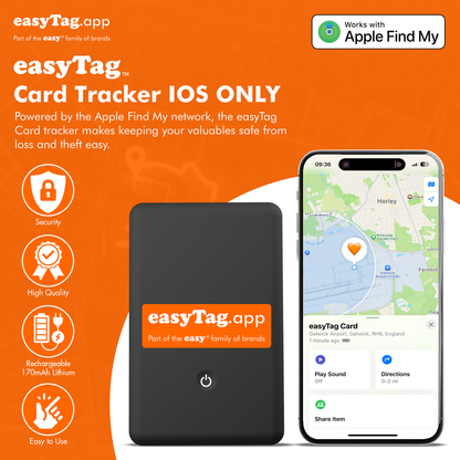 easyTag Card Tracker with smartphone app on orange background