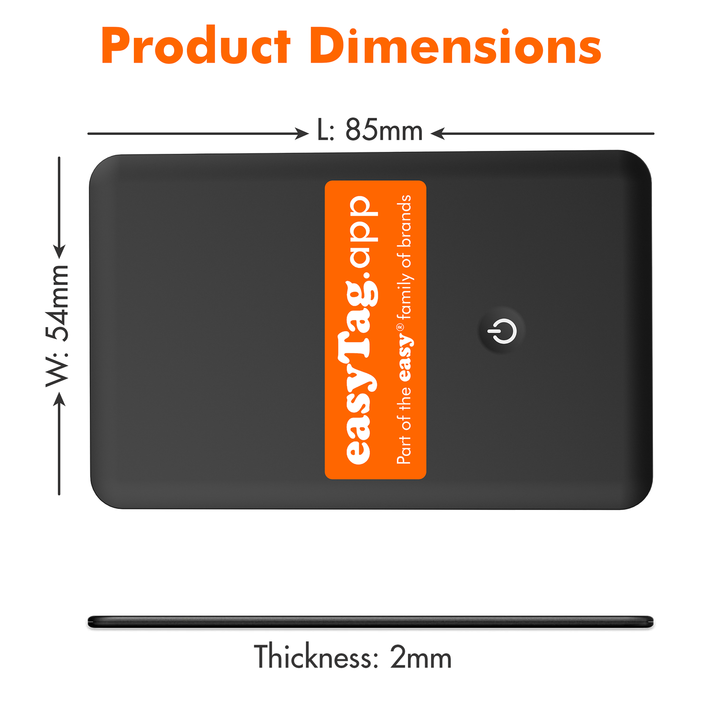 Product dimensions of a black device with 'easyTag.app' branding, showing length, width, and thickness.