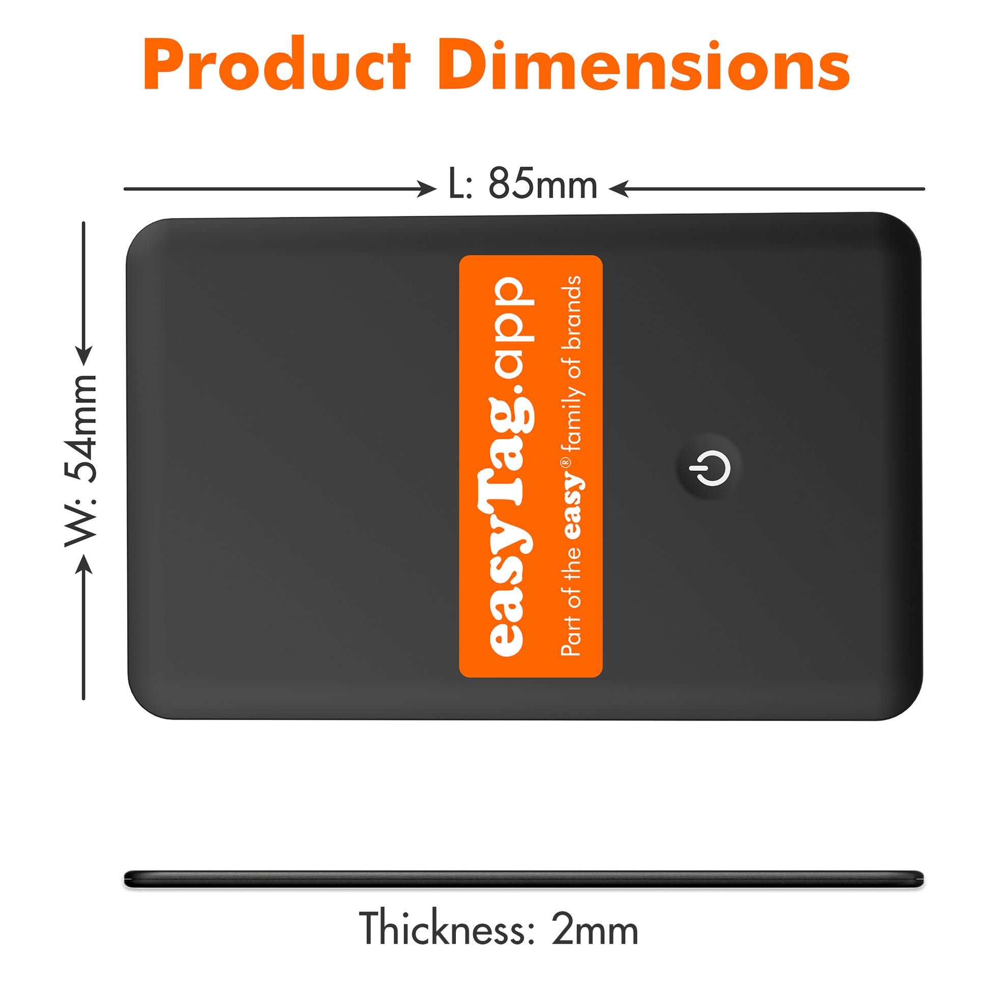 Product dimensions of a black device with 'easyTag.app' branding, showing length, width, and thickness.