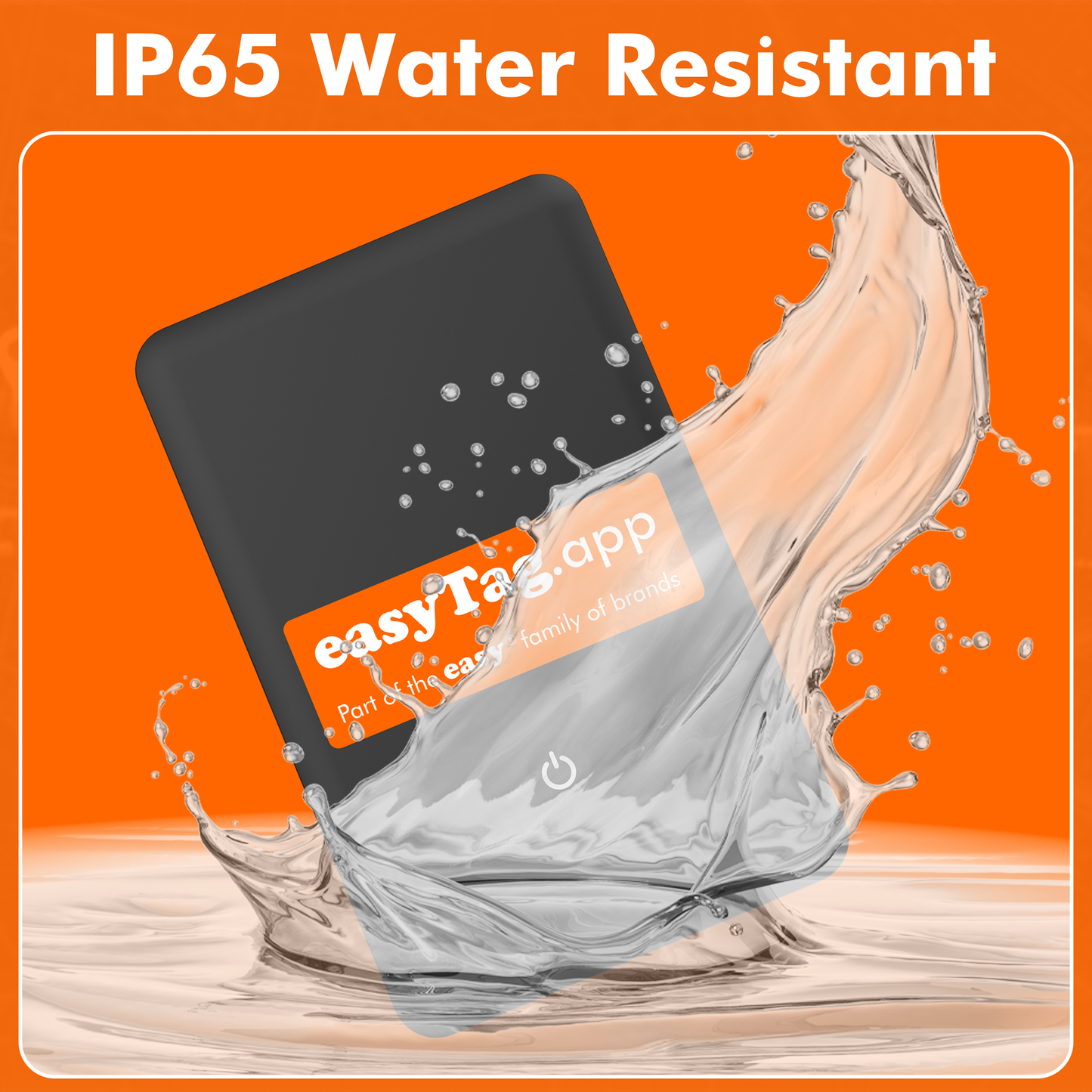 Black device with 'easyTag.app' branding being splashed by water on an orange background