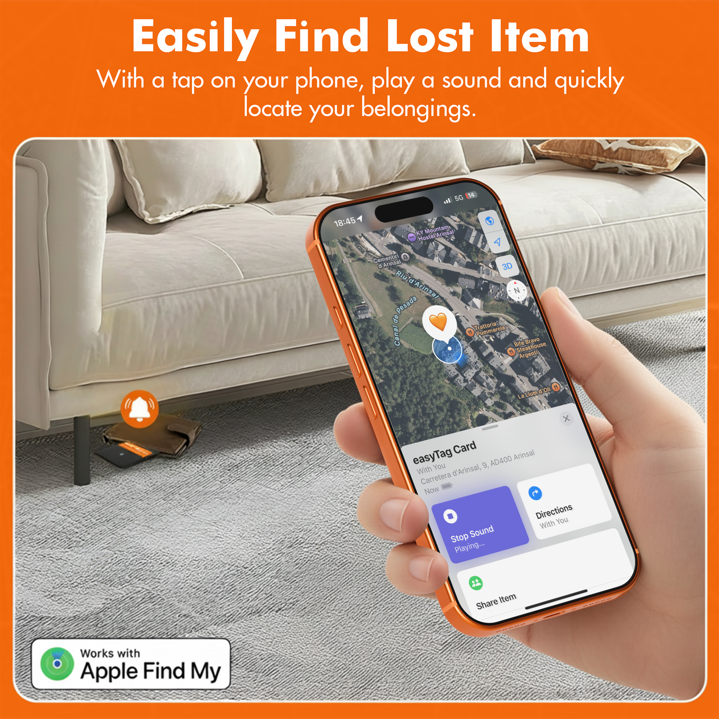 Person holding a phone with an app displaying a map, with text 'Easily Find Lost Item' and 'Works with Apple Find My'.
