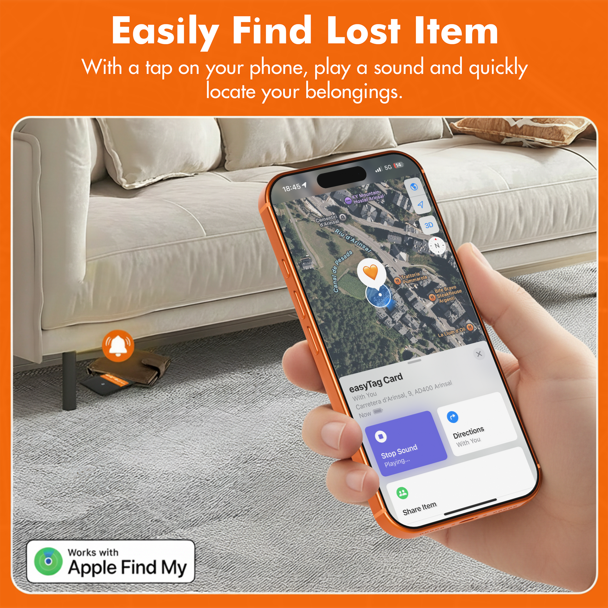 Person holding a phone with an app displaying a map, with text 'Easily Find Lost Item' and 'Works with Apple Find My'.
