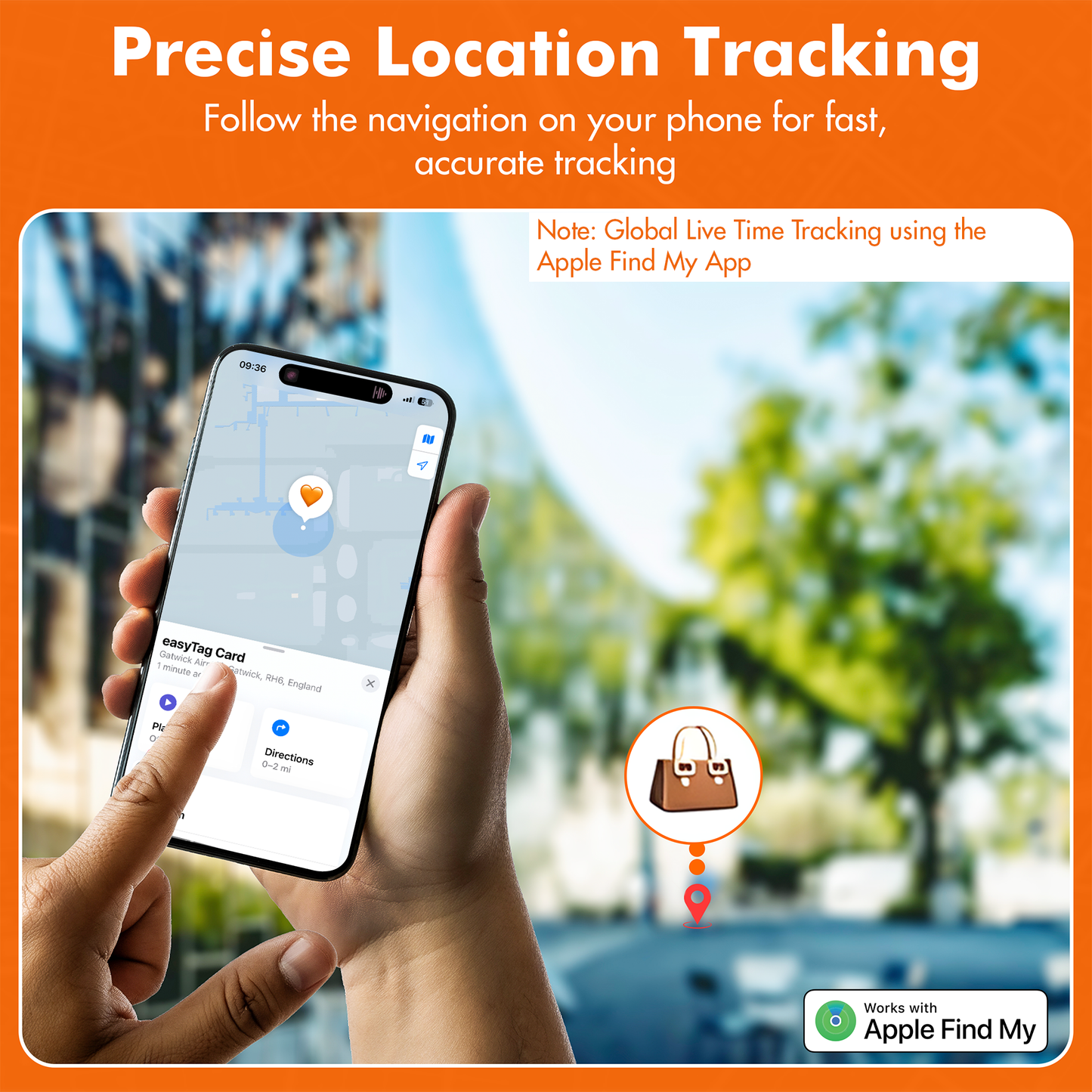 Hand holding a smartphone with location tracking app on an orange background