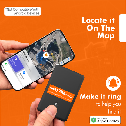 Hand holding a phone with an app interface and a physical tag labeled 'easyTag.app' against an orange background.