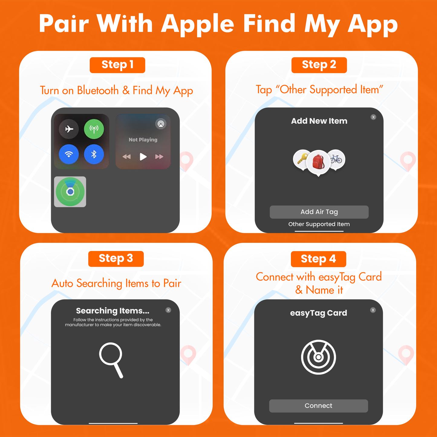 Step-by-step guide on pairing an item with Apple Find My App on an orange background.