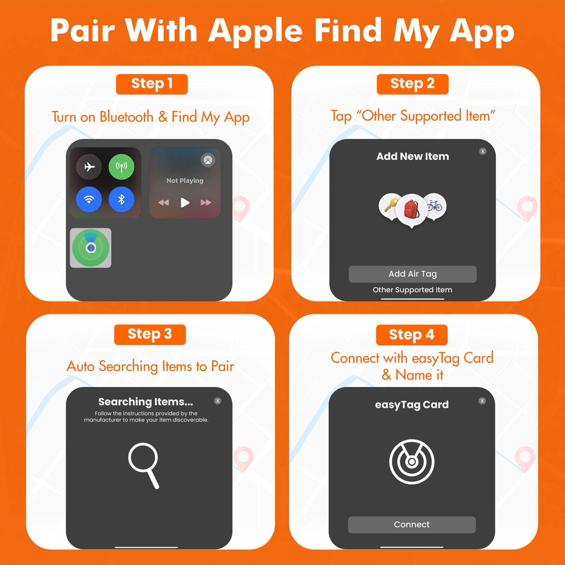 Step-by-step guide on pairing an item with Apple Find My App on an orange background.