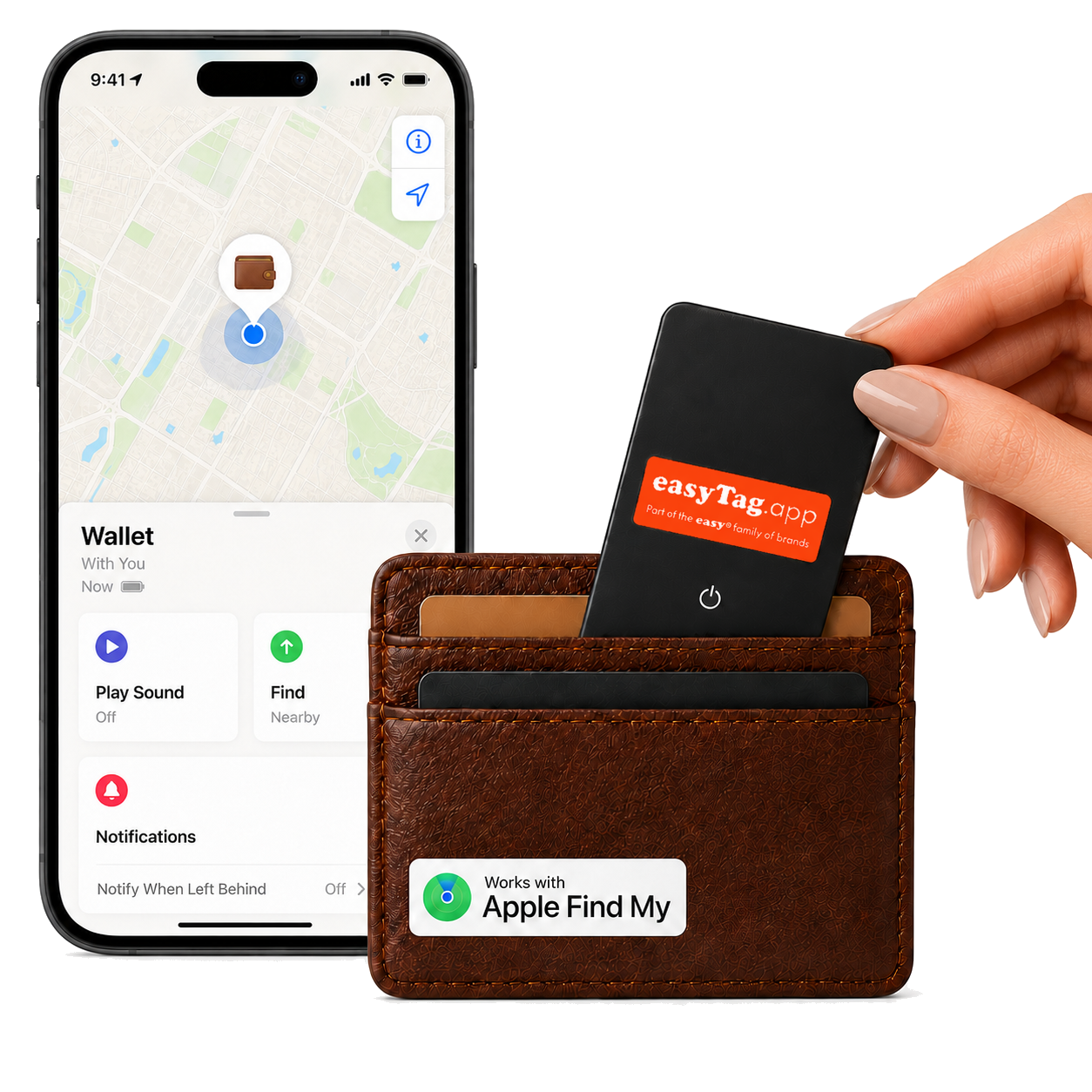 A brown leather card holder wallet shown on a white background, with a hand inserting a black Apple Find My tag. A smartphone screen is visible in the background showing the Apple Wallet app and the tag being located.