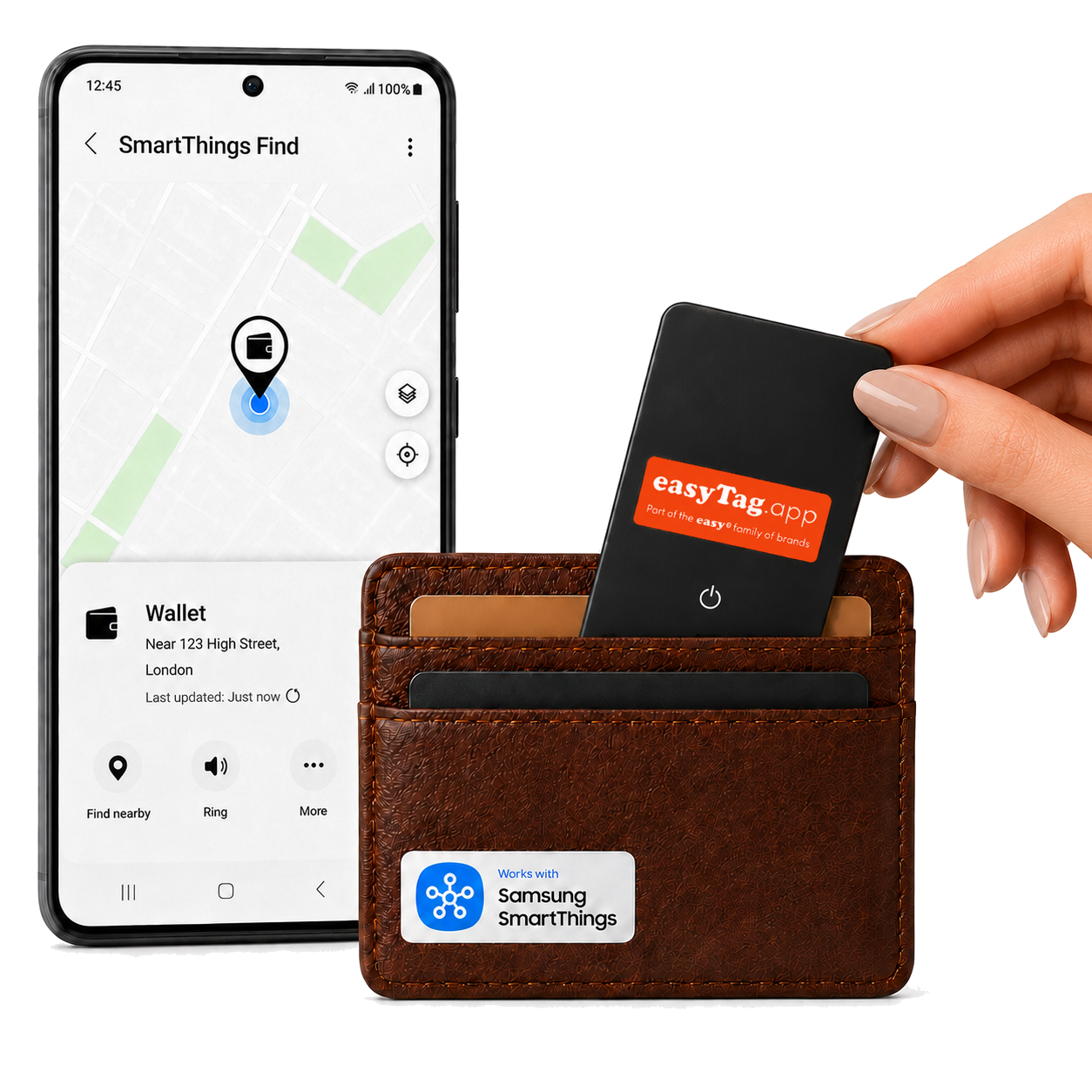 A brown faux-leather cardholder wallet shown with a smartphone displaying SmartThings Find and a hand inserting a black EasyTag app card. The wallet has a Samsung SmartThings compatibility sticker on the front.