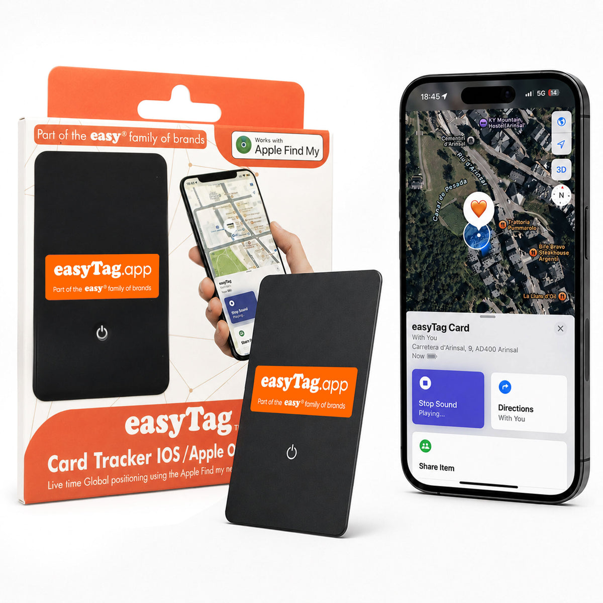 easyTag tracking device and orange packaging beside a phone showing Apple Find My.
