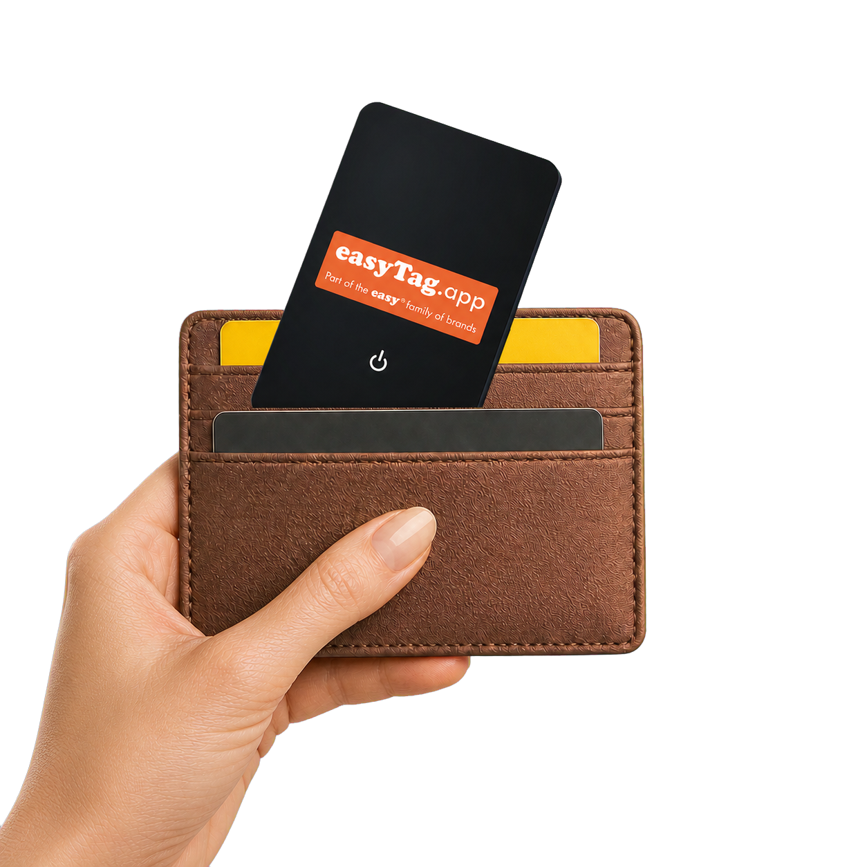 A hand holding a brown leather card holder with several cards inserted, including a black card featuring the orange and white 'easyTag.app' logo, against a plain white background.