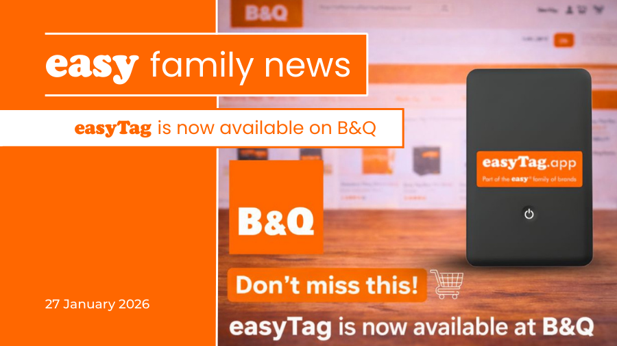 easy.com news graphic announcing easyTag’s launch on B&Q, with an easyTag tracker and B&Q branding.