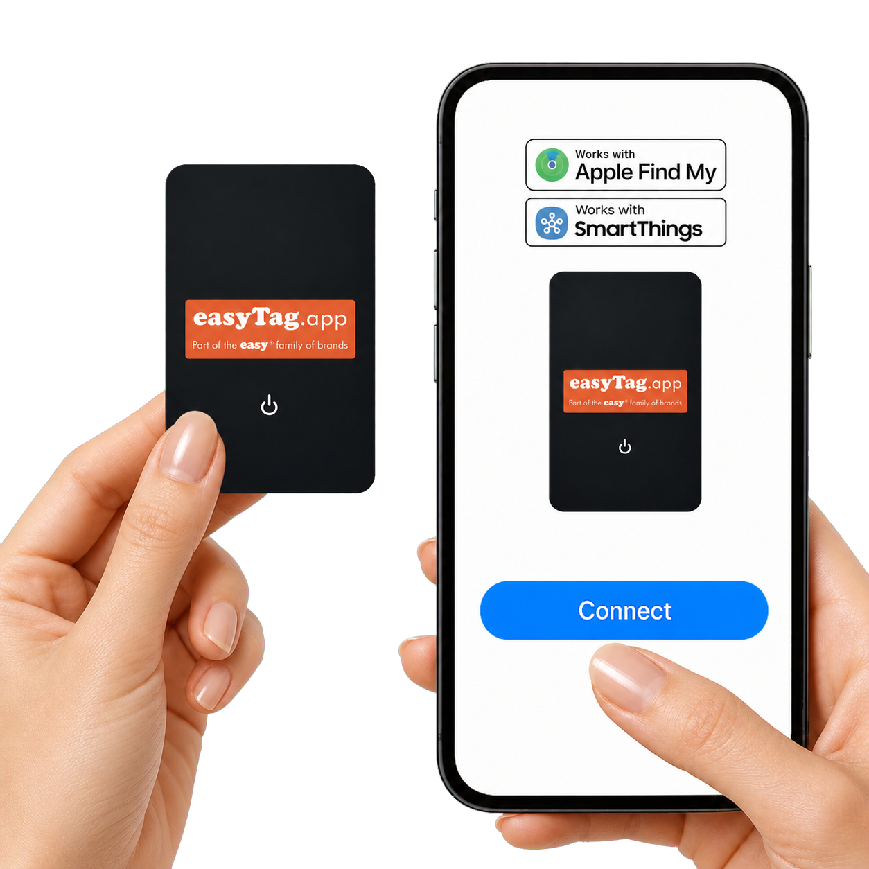 Two hands holding a small black easyTag.app tracker device and a smartphone showing the companion app interface with Apple Find My and SmartThings compatibility and a blue Connect button.
