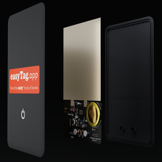 Inside the easyTag Card Finder for wallets, bags and Luggage. Exploded View Animation