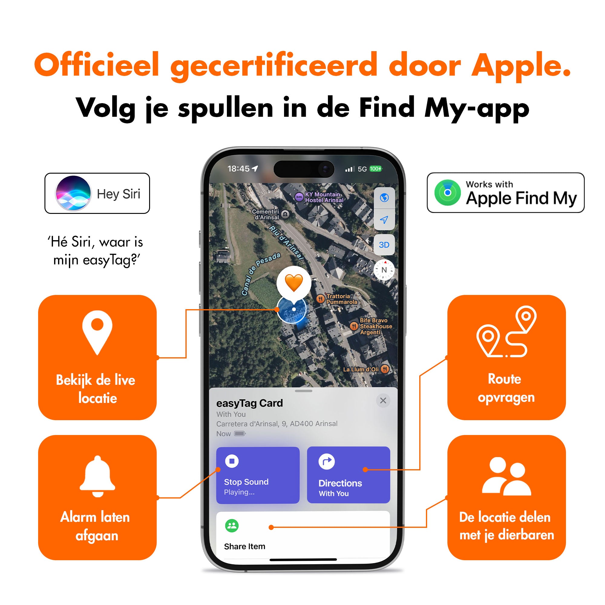 iPhone met een easyTag-trackerkaart in Apple Zoek mijn, met locatie, geluid, routebeschrijving en functies om te delen.