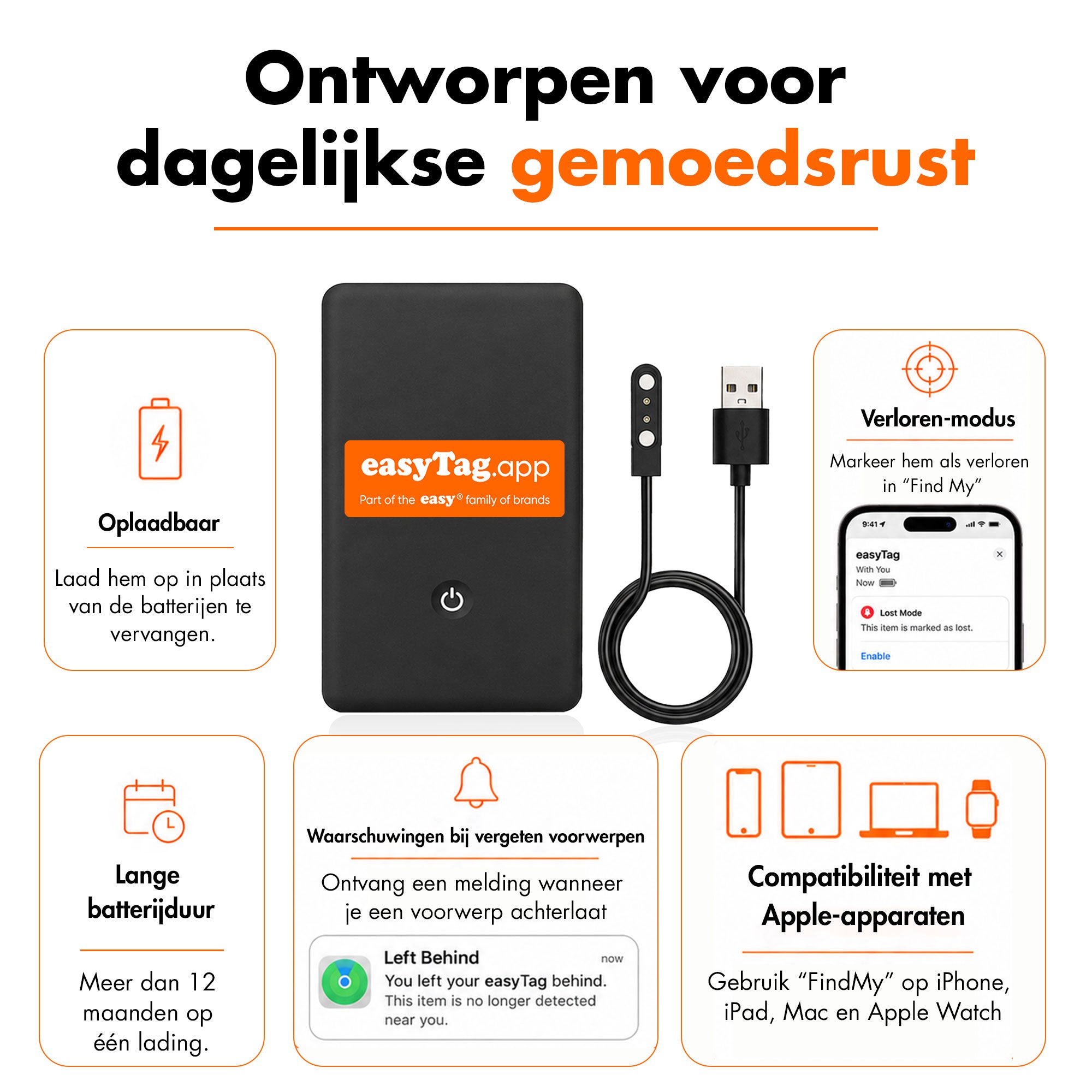 easyTag Apple Zoek mijn-trackerkaart en oplaadkabel, met illustraties van de batterijduur, de Verloren-modus en meldingen bij achterlaten.