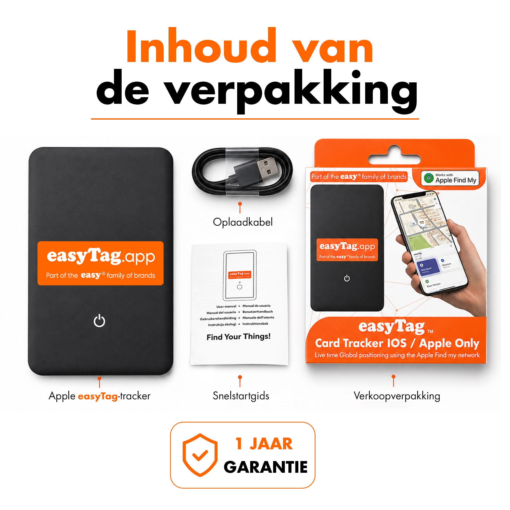 easyTag Apple Zoek mijn-trackerkaart, oplaadkabel, snelstartgids en winkelverpakking met een badge voor één jaar garantie.