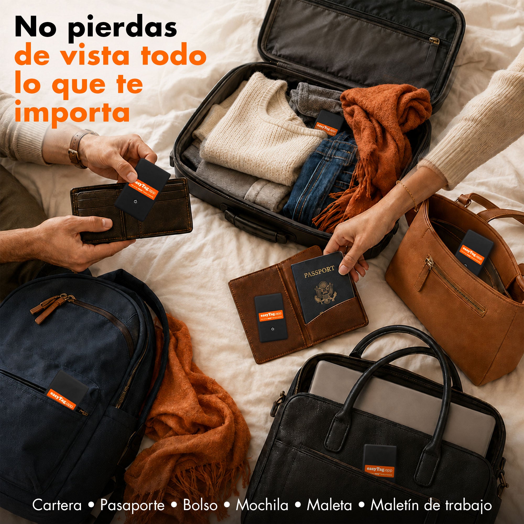 Tarjetas rastreadoras easyTag junto a una cartera, un pasaporte, un bolso, una mochila y una maleta.