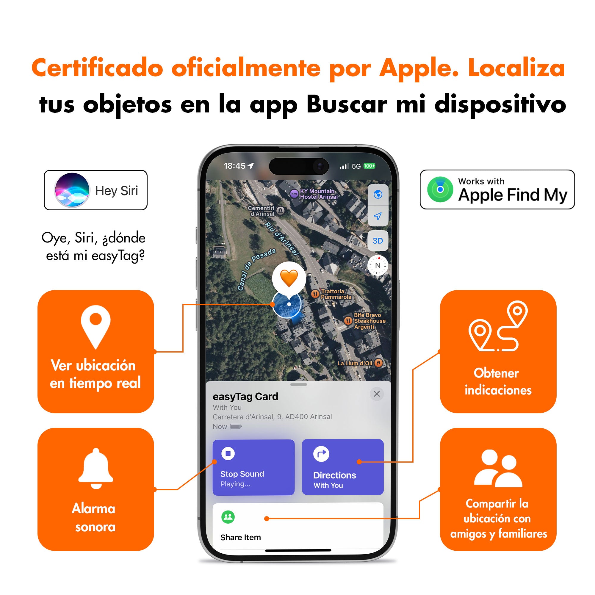 iPhone mostrando una tarjeta del rastreador easyTag en Apple Buscar, con ubicación, sonido, indicaciones y funciones para compartir.