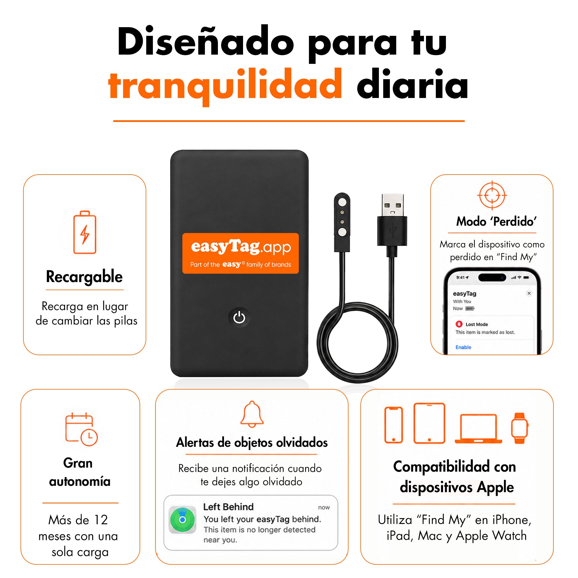Tarjeta rastreadora easyTag compatible con Apple Buscar y cable de carga, con ilustraciones de la duración de la batería, el modo Perdido y las alertas por olvido.