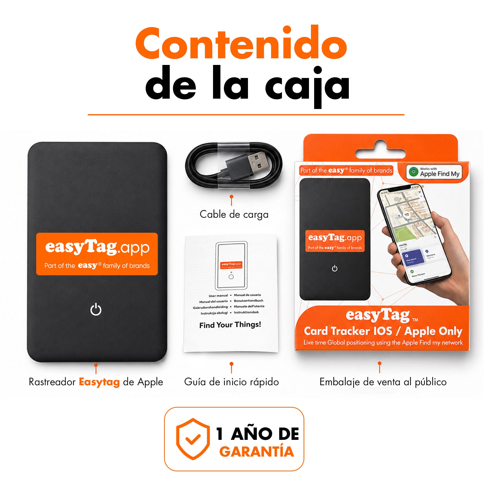 Tarjeta de seguimiento easyTag Apple Buscar, cable de carga, guía de inicio rápido y embalaje comercial con distintivo de garantía de un año.