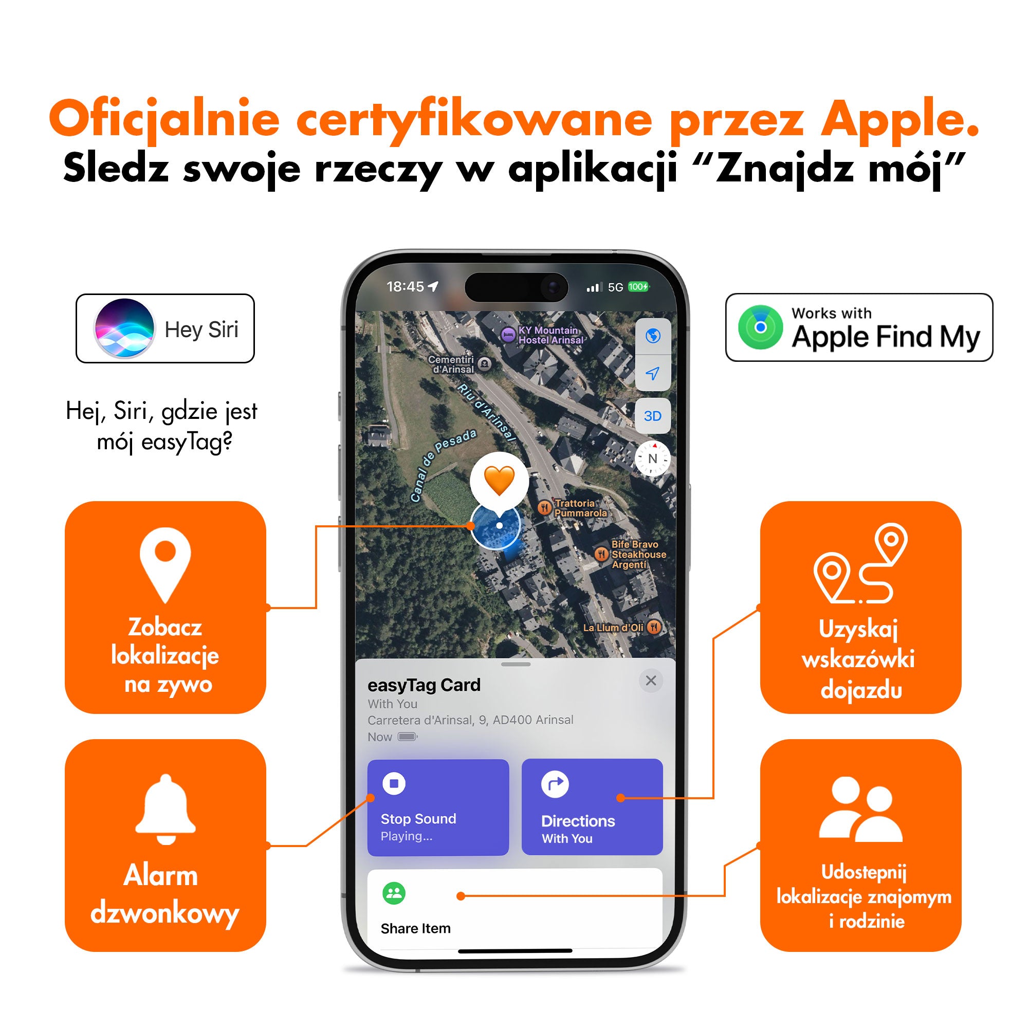 iPhone wyświetlający kartę lokalizatora easyTag w aplikacji Apple Znajdź, z lokalizacją, dźwiękiem, wskazówkami dojazdu i funkcjami udostępniania.