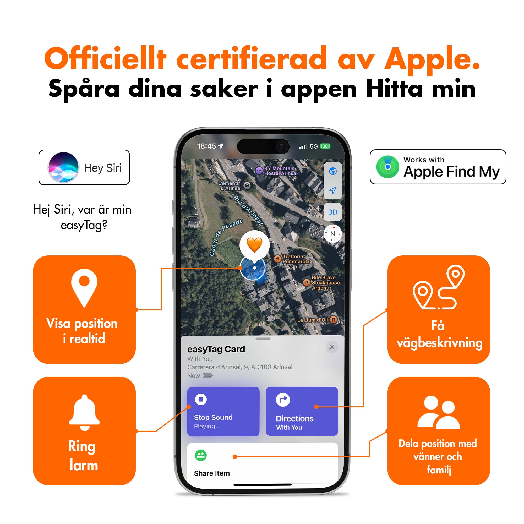 iPhone som visar ett easyTag-spårningskort i Apple Hitta, med funktioner för plats, ljud, vägbeskrivningar och delning.