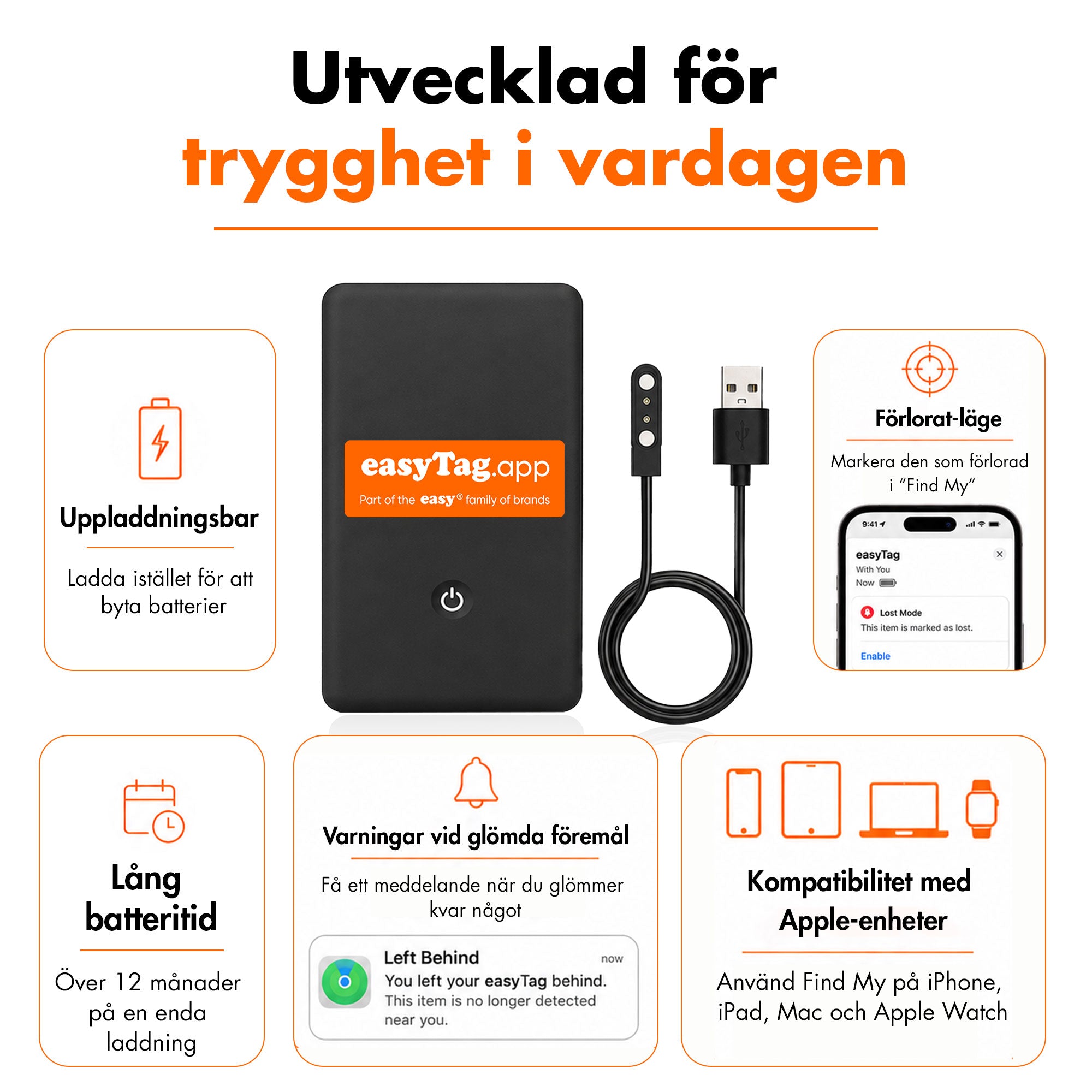 easyTag Apple Hitta-spårningskort och laddningskabel, med illustrationer av batteritid, borttappat läge och aviseringar om kvarlämnade föremål.